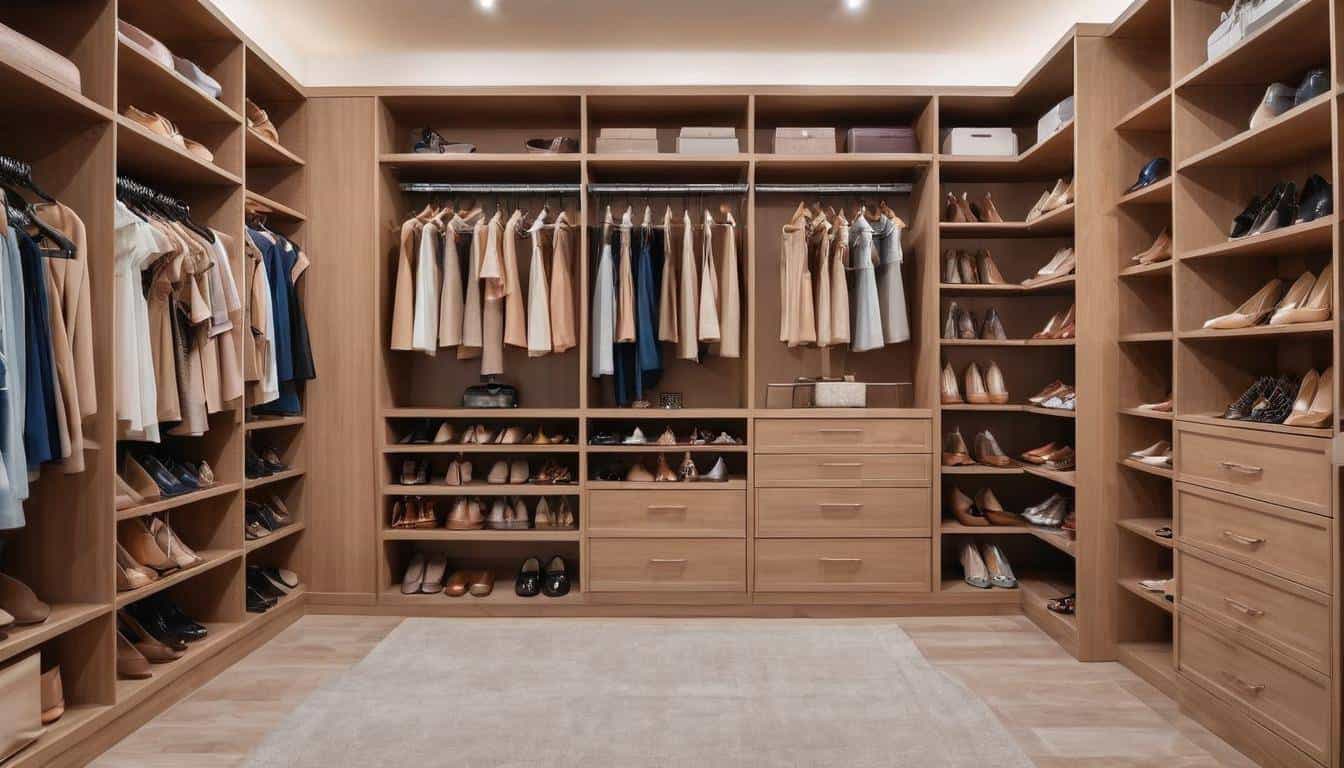 Organized light brown walk-in closet