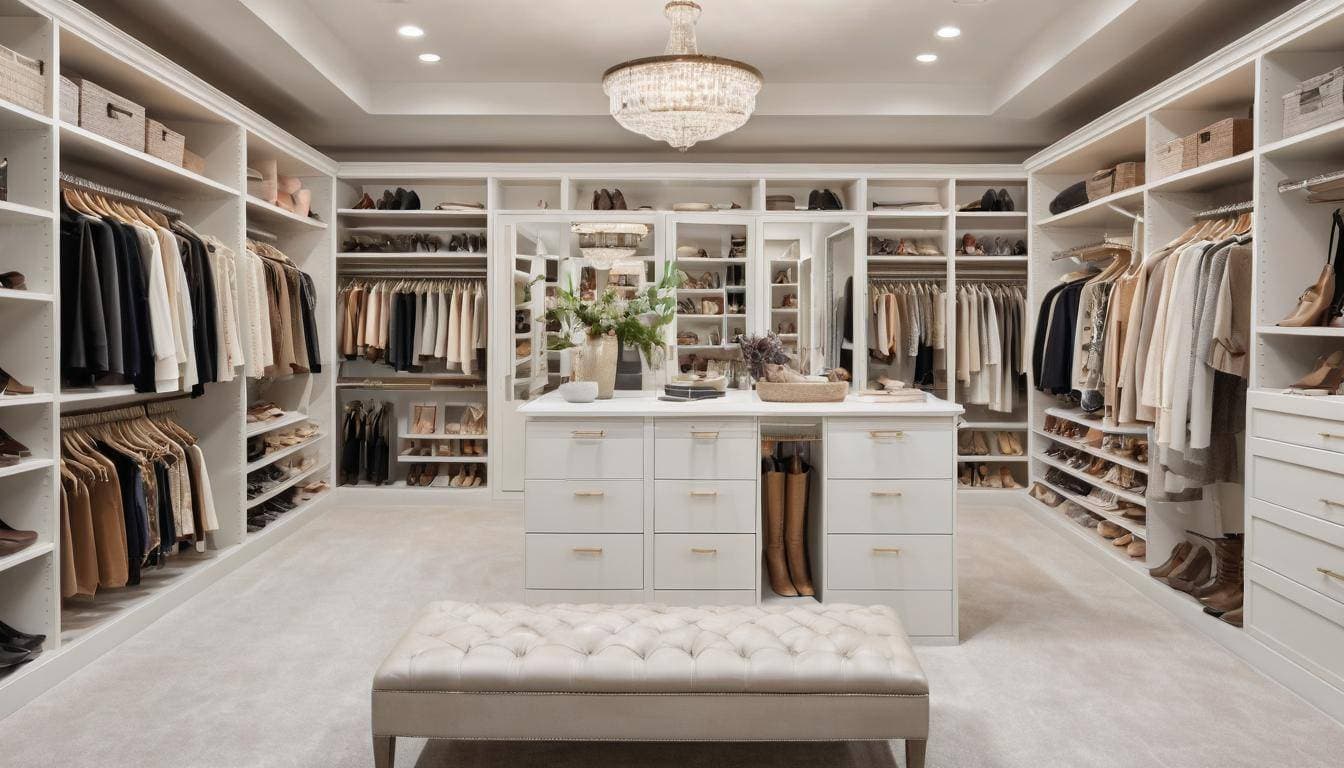 Organized white walk-in closet