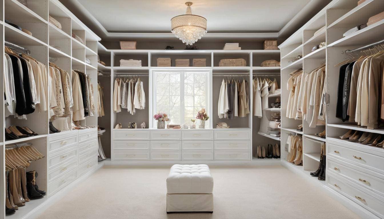 Organized white walk-in closet