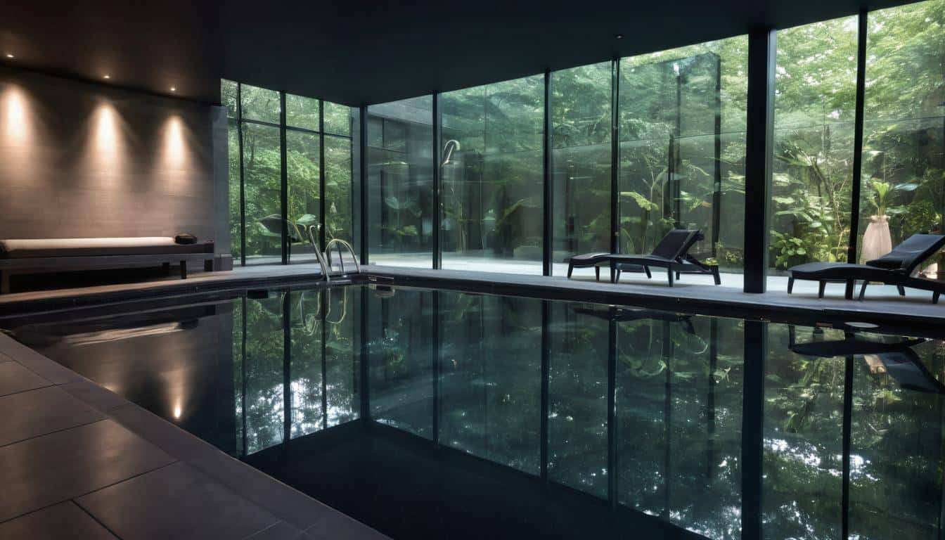 Sleek black indoor pool