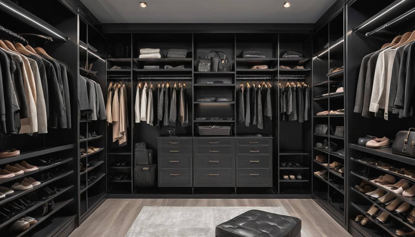 Stylish black walk-in closet