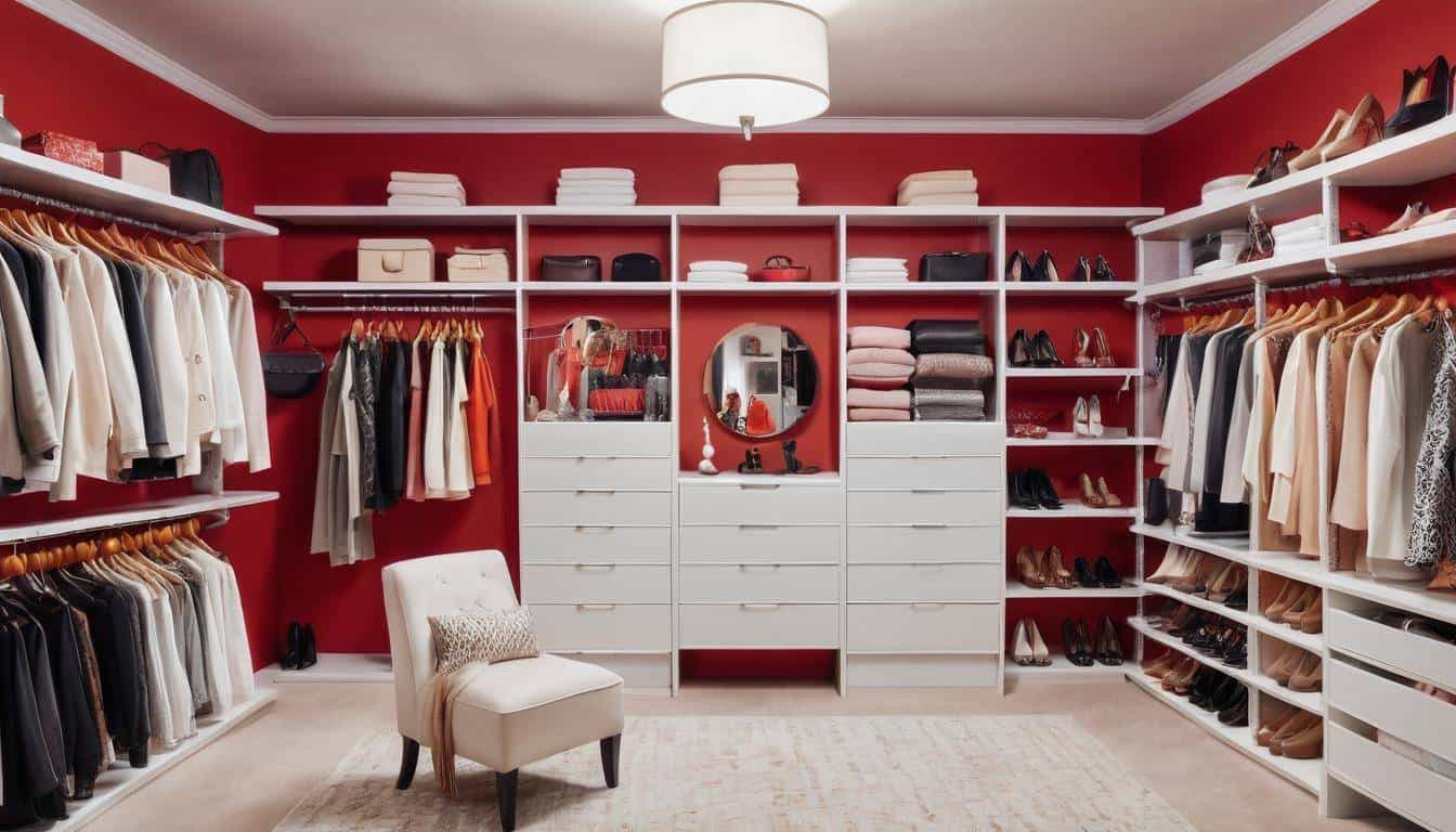 Stylish red walk-in closet