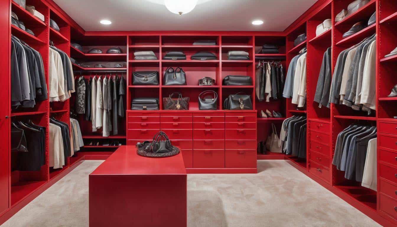 Stylish red walk-in closet