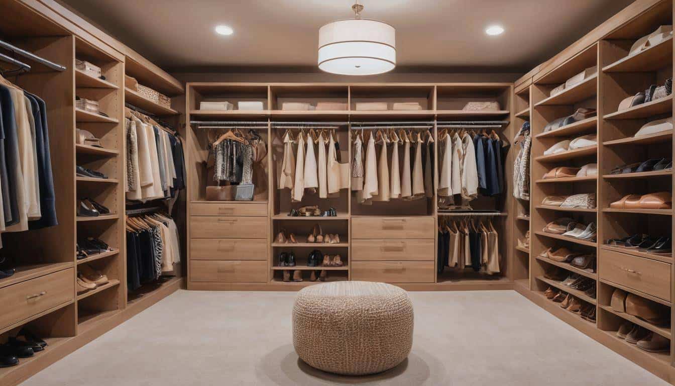 Stylish walk-in closet in light brown