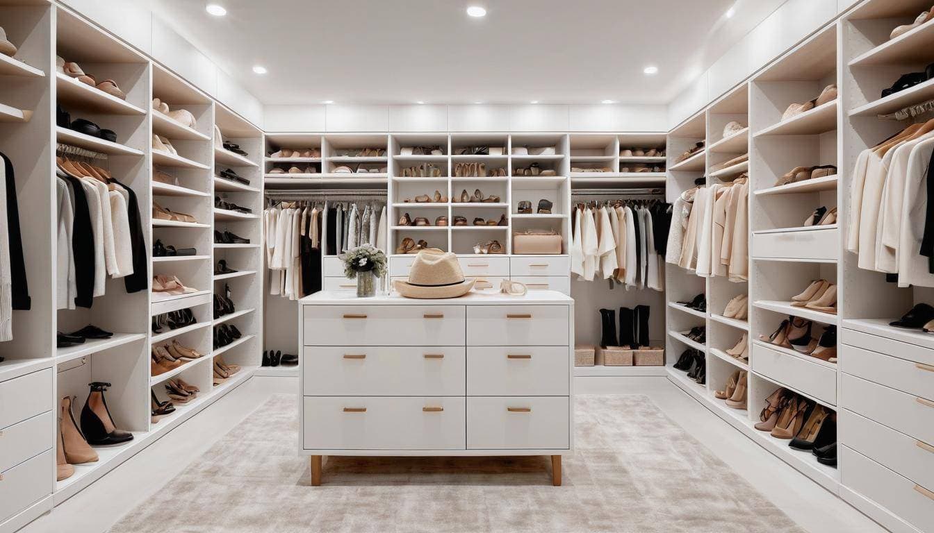 Stylish white walk-in closet