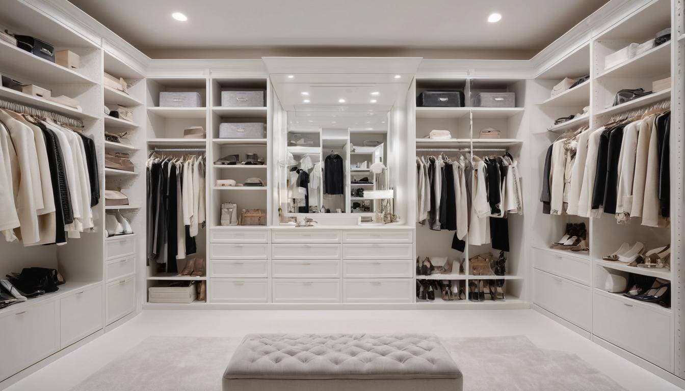 Stylish white walk-in closet organization