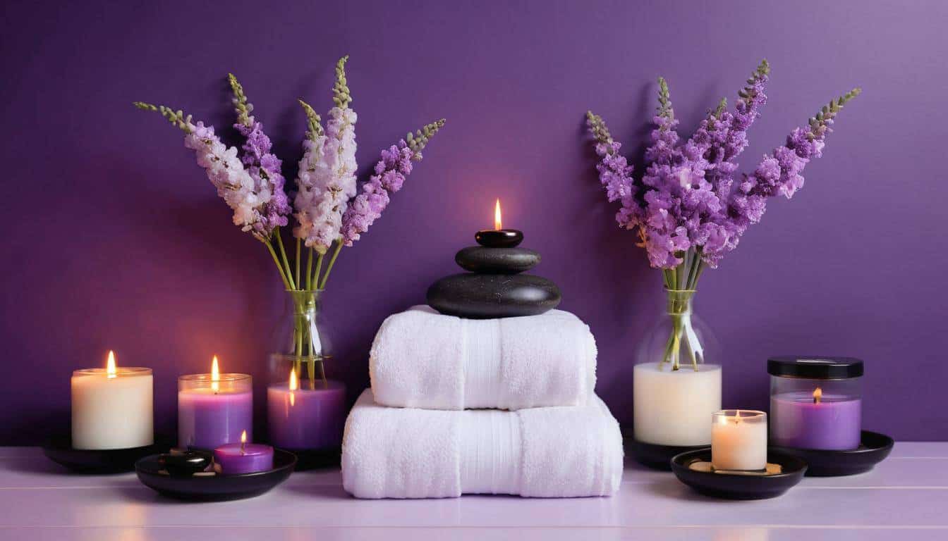 Tranquil home spa with purple walls